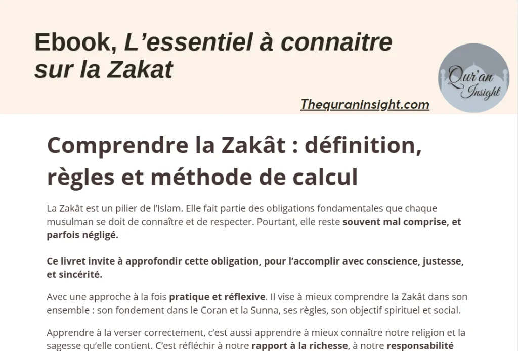 Illustration de l’ebook « L’essentiel à connaître de la Zakât » avec une couverture moderne et des symboles islamiques